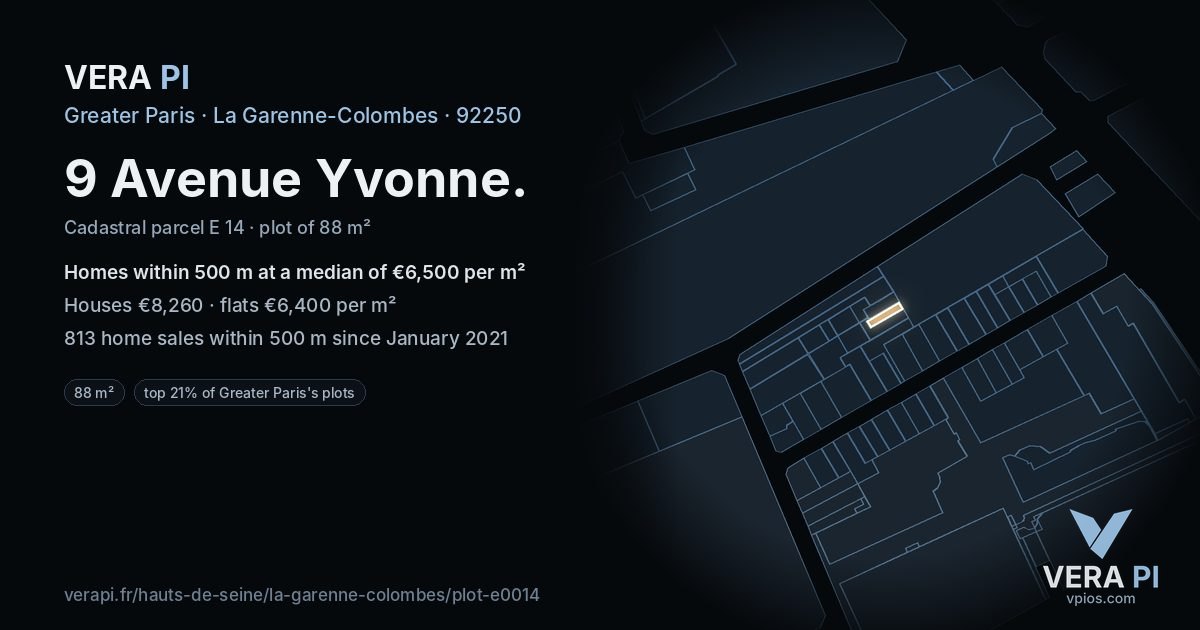 9 Avenue Yvonne, La Garenne-Colombes at night – the plot lit, the parcels around coloured by the prices near them