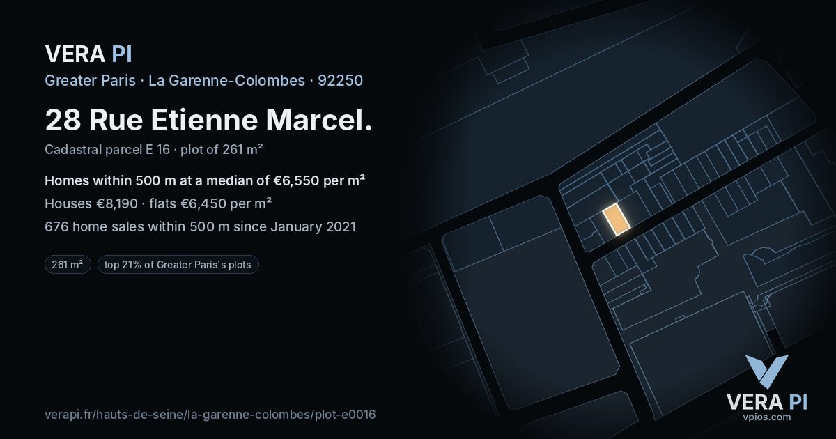 28 Rue Etienne Marcel, La Garenne-Colombes at night – the plot lit, the parcels around coloured by the prices near them