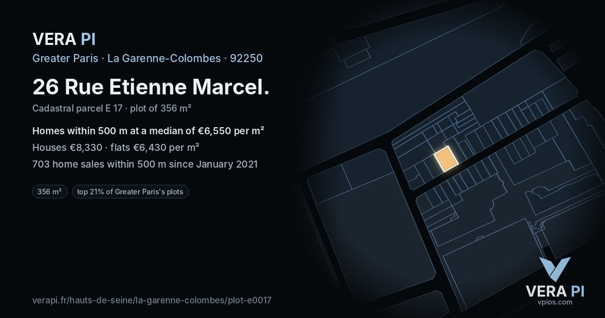 26 Rue Etienne Marcel, La Garenne-Colombes at night – the plot lit, the parcels around coloured by the prices near them
