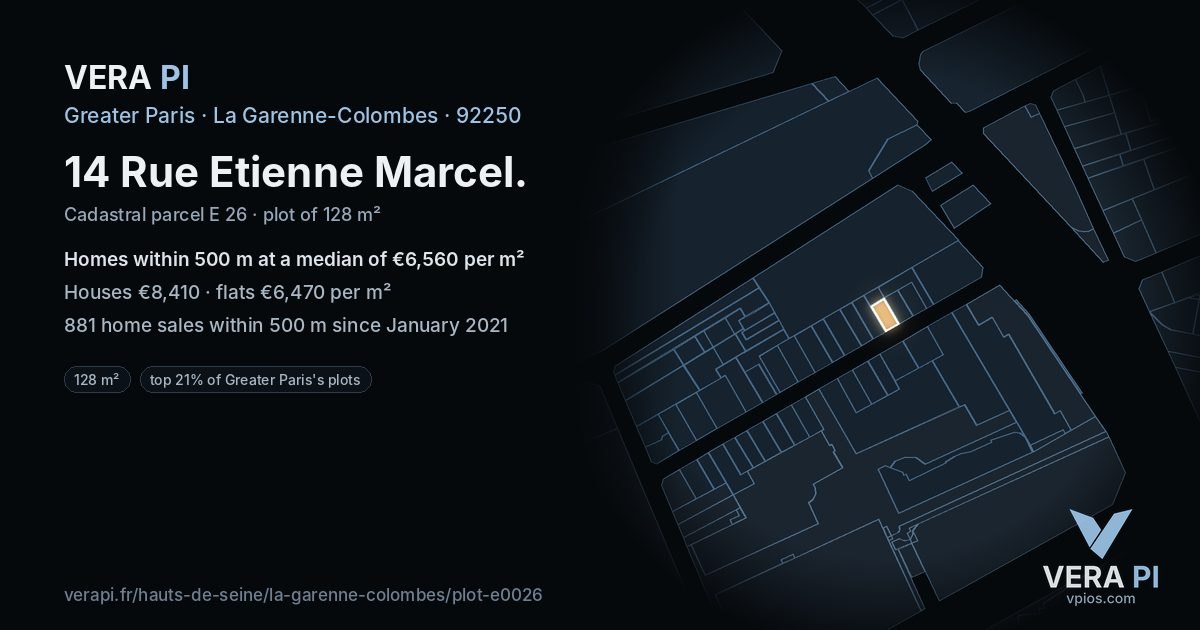 14 Rue Etienne Marcel, La Garenne-Colombes at night – the plot lit, the parcels around coloured by the prices near them