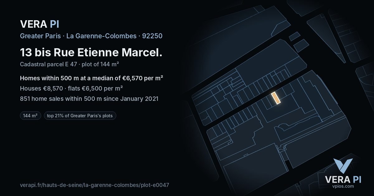 13 bis Rue Etienne Marcel, La Garenne-Colombes at night – the plot lit, the parcels around coloured by the prices near them