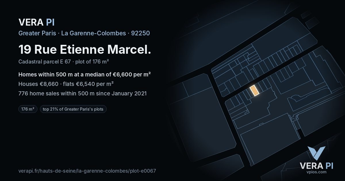 19 Rue Etienne Marcel, La Garenne-Colombes at night – the plot lit, the parcels around coloured by the prices near them