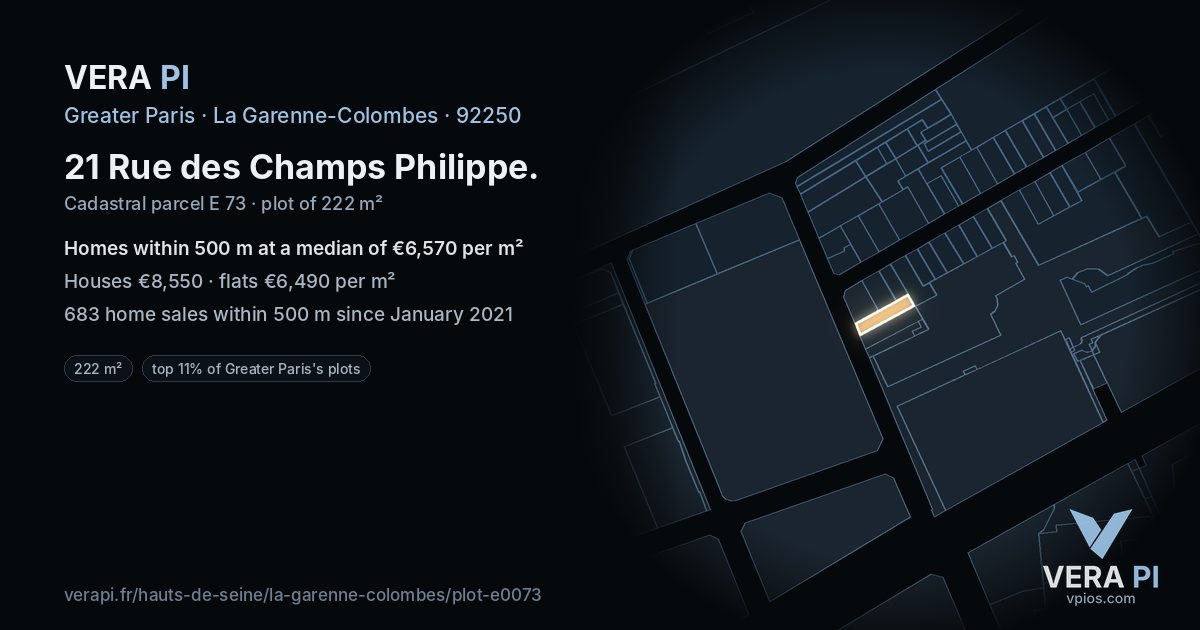 21 Rue des Champs Philippe, La Garenne-Colombes at night – the plot lit, the parcels around coloured by the prices near them