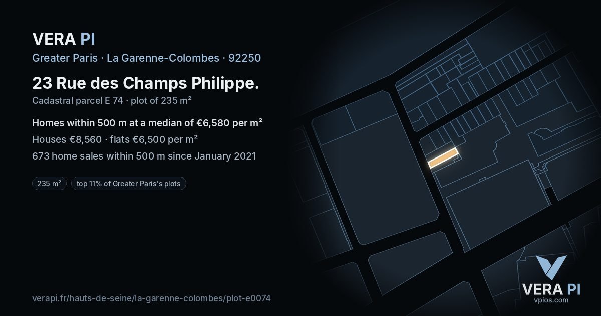 23 Rue des Champs Philippe, La Garenne-Colombes at night – the plot lit, the parcels around coloured by the prices near them