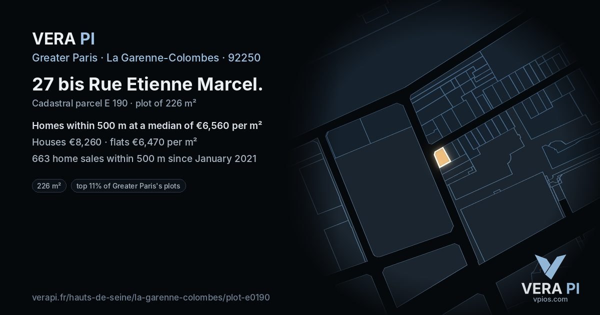 27 bis Rue Etienne Marcel, La Garenne-Colombes at night – the plot lit, the parcels around coloured by the prices near them