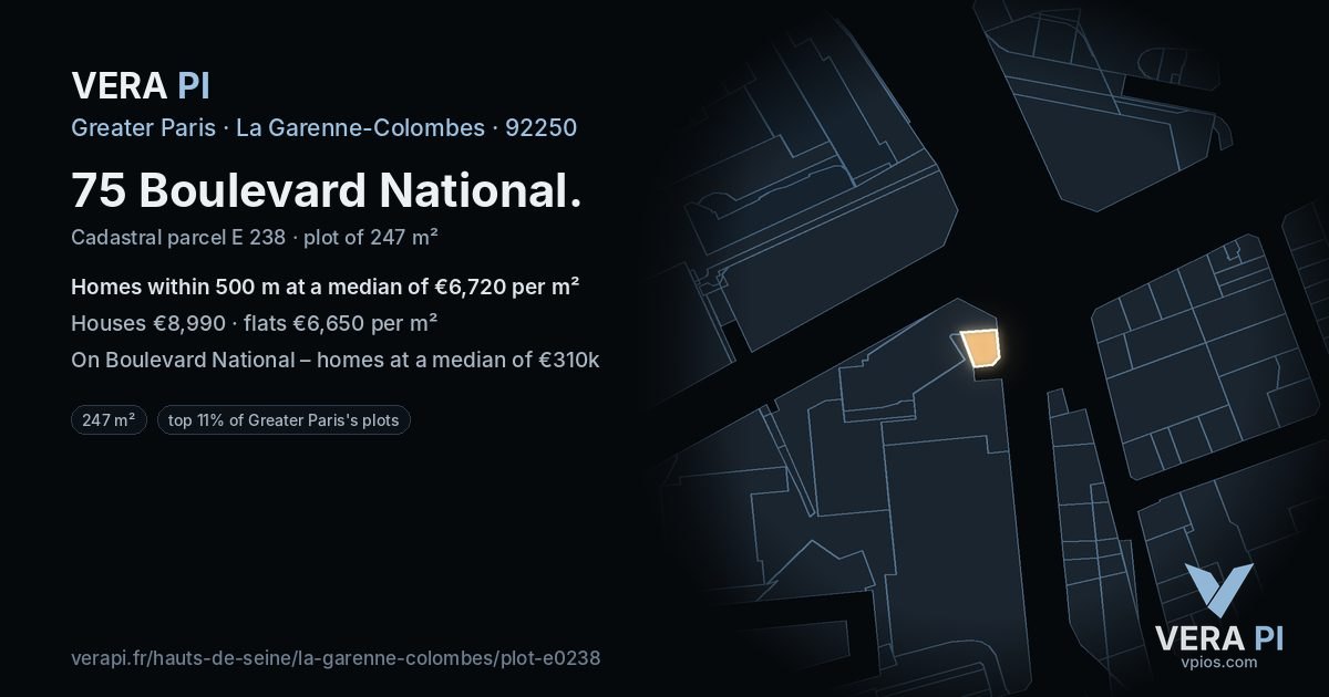 75 Boulevard National, La Garenne-Colombes at night – the plot lit, the parcels around coloured by the prices near them