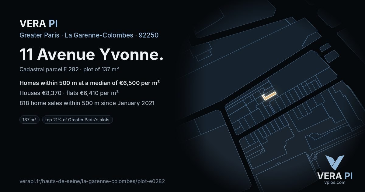 11 Avenue Yvonne, La Garenne-Colombes at night – the plot lit, the parcels around coloured by the prices near them