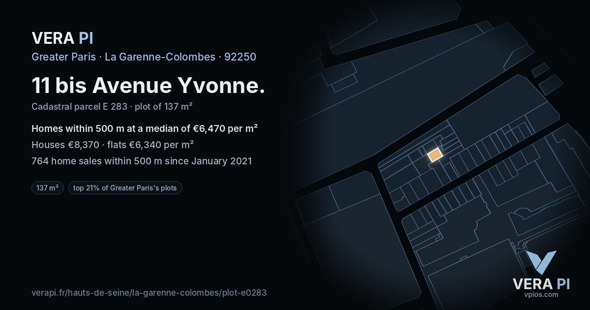 11 bis Avenue Yvonne, La Garenne-Colombes at night – the plot lit, the parcels around coloured by the prices near them