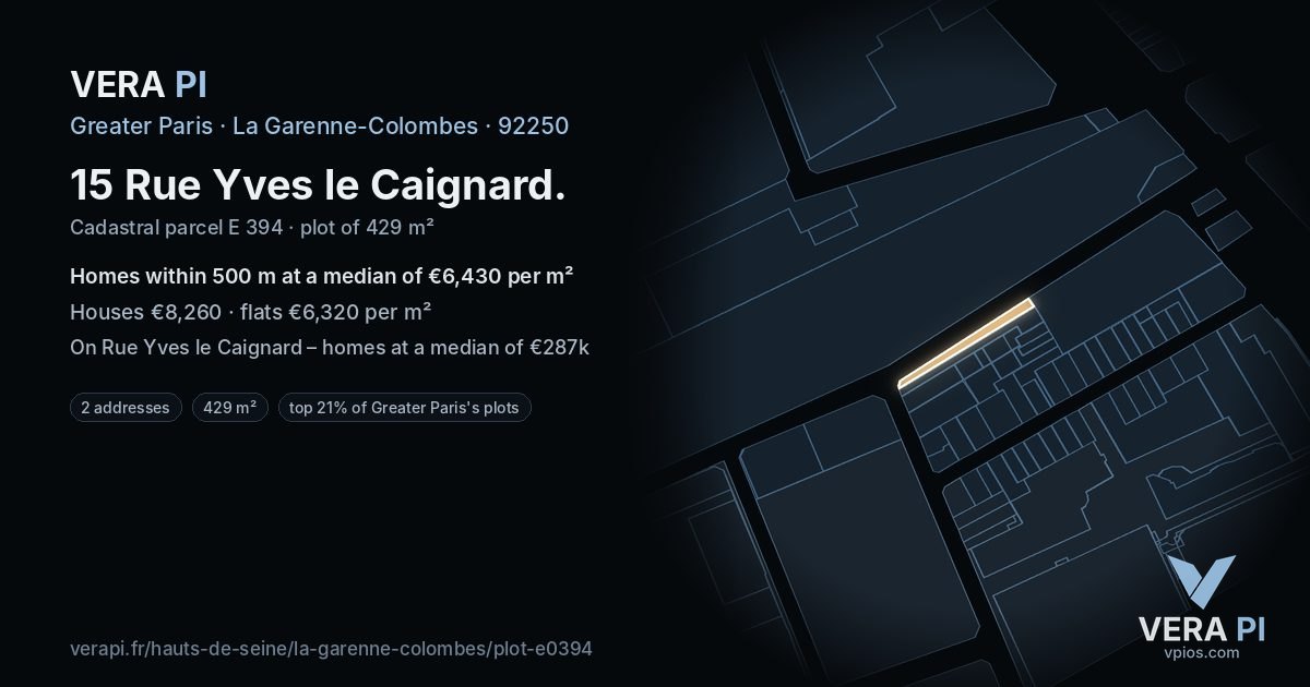 15 Rue Yves le Caignard, La Garenne-Colombes at night – the plot lit, the parcels around coloured by the prices near them