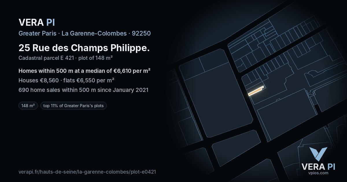 25 Rue des Champs Philippe, La Garenne-Colombes at night – the plot lit, the parcels around coloured by the prices near them