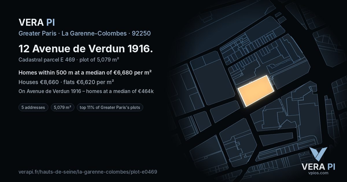 12 Avenue de Verdun 1916, La Garenne-Colombes at night – the plot lit, the parcels around coloured by the prices near them