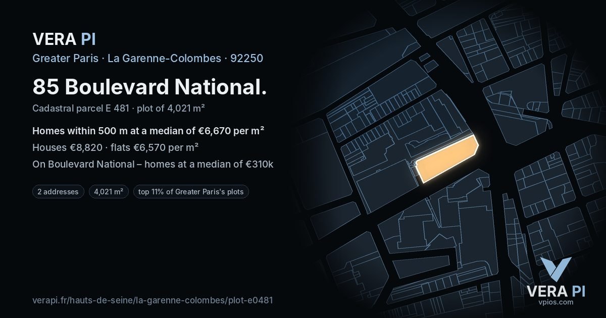 85 Boulevard National, La Garenne-Colombes at night – the plot lit, the parcels around coloured by the prices near them