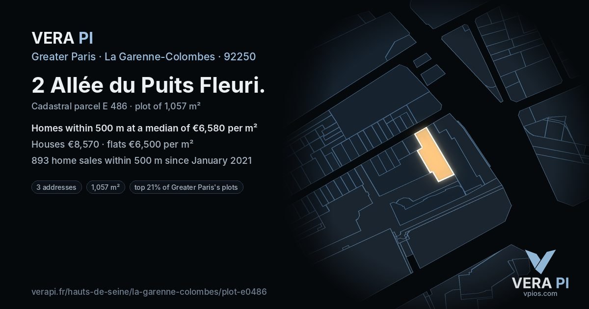 2 Allée du Puits Fleuri, La Garenne-Colombes at night – the plot lit, the parcels around coloured by the prices near them