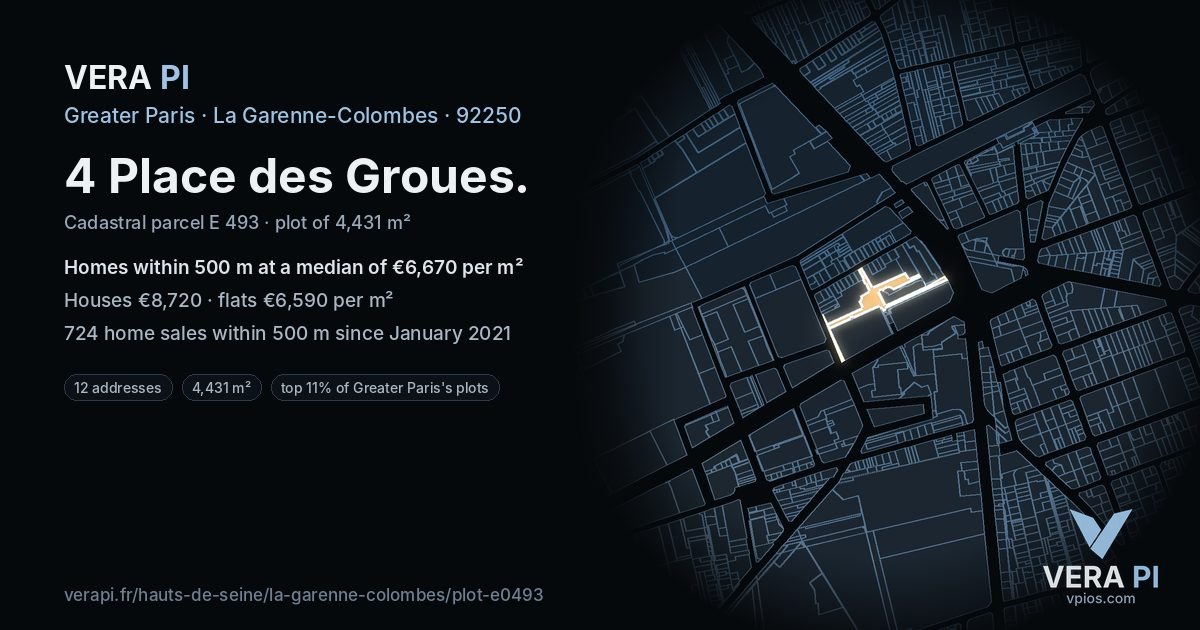 4 Place des Groues, La Garenne-Colombes at night – the plot lit, the parcels around coloured by the prices near them