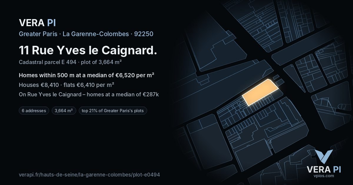 11 Rue Yves le Caignard, La Garenne-Colombes at night – the plot lit, the parcels around coloured by the prices near them
