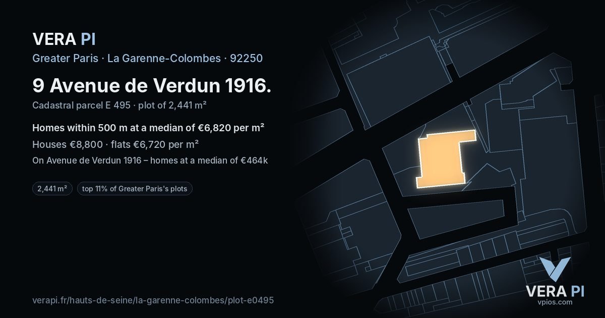 9 Avenue de Verdun 1916, La Garenne-Colombes at night – the plot lit, the parcels around coloured by the prices near them