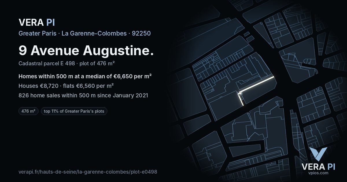9 Avenue Augustine, La Garenne-Colombes at night – the plot lit, the parcels around coloured by the prices near them