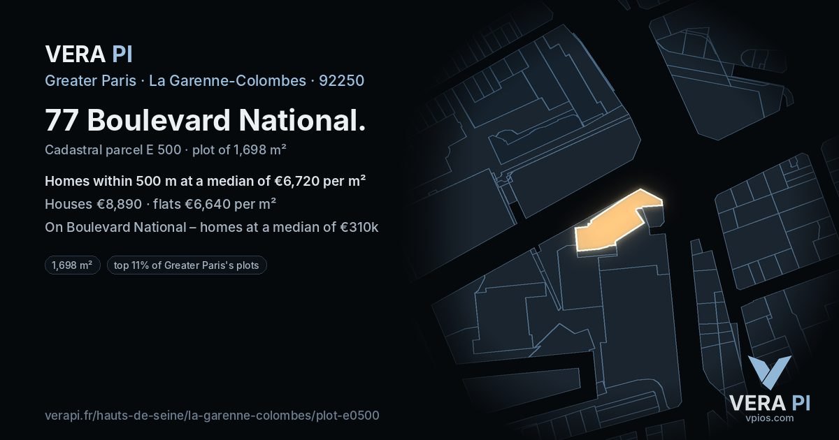 77 Boulevard National, La Garenne-Colombes at night – the plot lit, the parcels around coloured by the prices near them