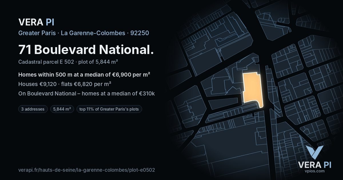 71 Boulevard National, La Garenne-Colombes at night – the plot lit, the parcels around coloured by the prices near them