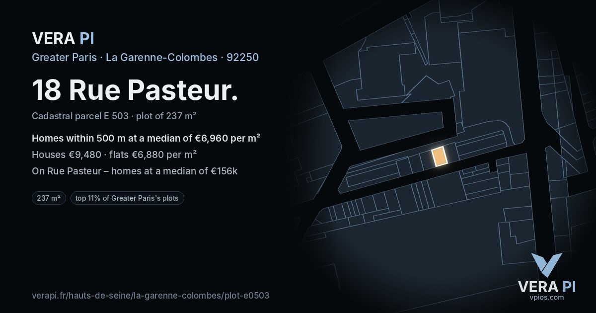 18 Rue Pasteur, La Garenne-Colombes at night – the plot lit, the parcels around coloured by the prices near them