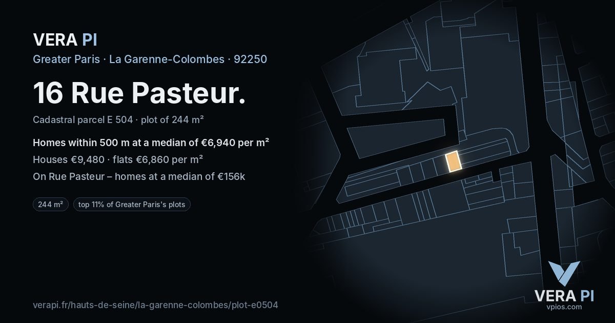 16 Rue Pasteur, La Garenne-Colombes at night – the plot lit, the parcels around coloured by the prices near them