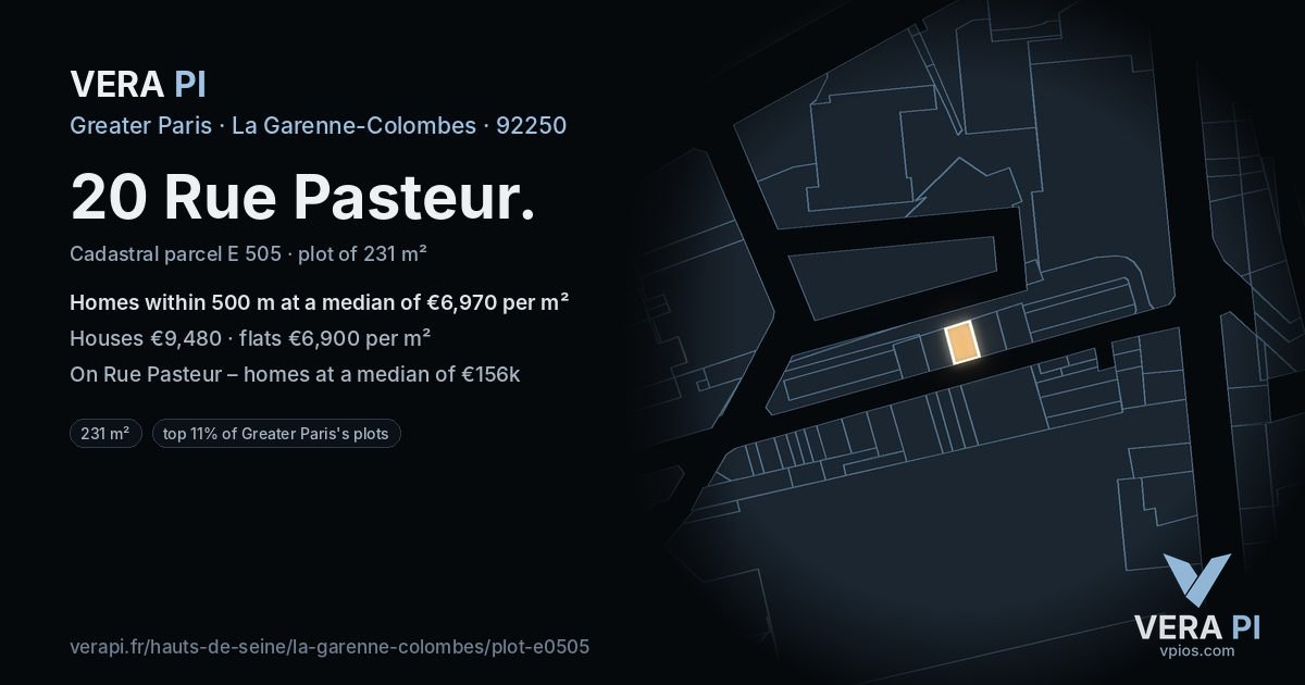 20 Rue Pasteur, La Garenne-Colombes at night – the plot lit, the parcels around coloured by the prices near them