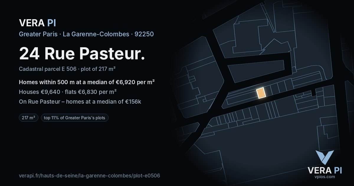 24 Rue Pasteur, La Garenne-Colombes at night – the plot lit, the parcels around coloured by the prices near them