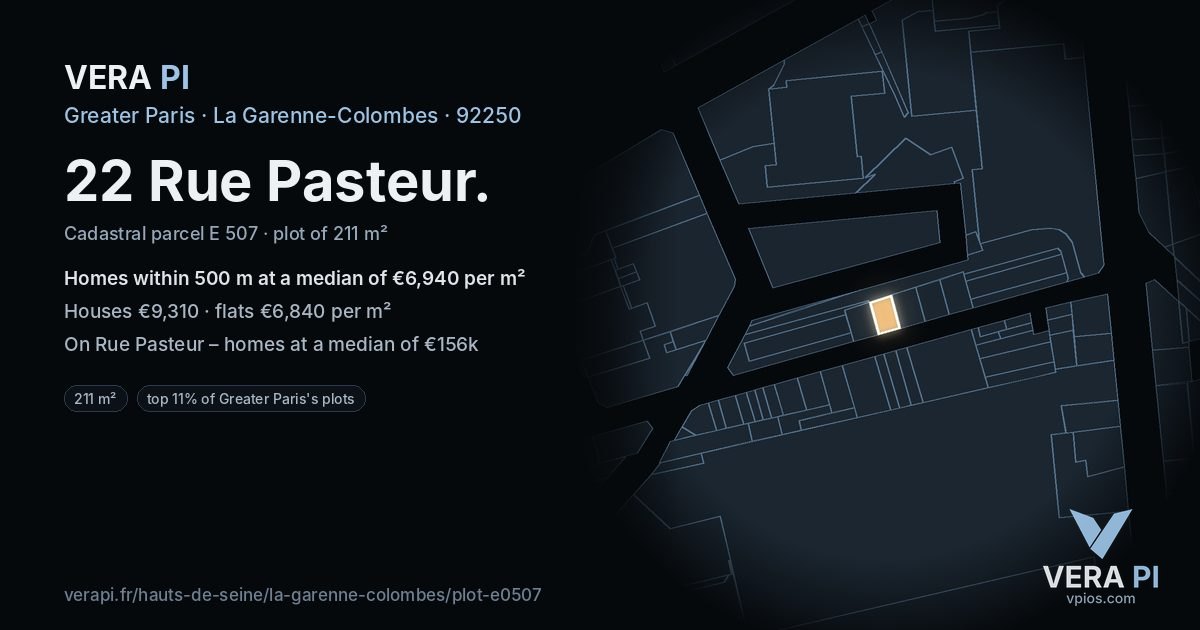 22 Rue Pasteur, La Garenne-Colombes at night – the plot lit, the parcels around coloured by the prices near them