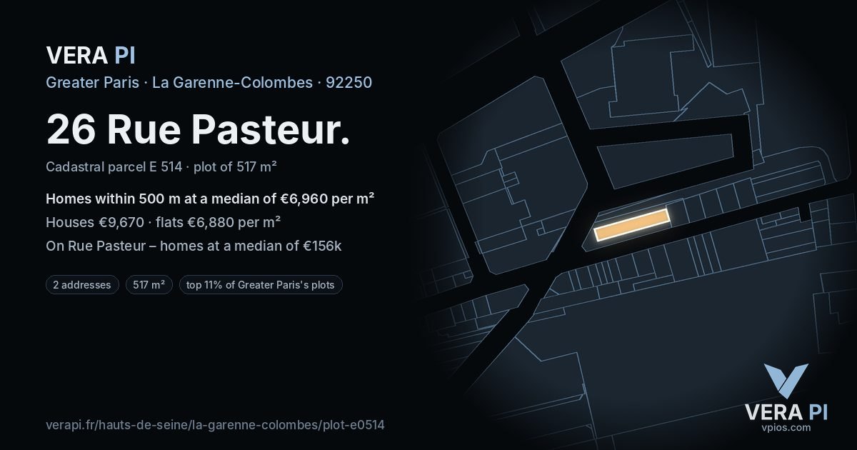 26 Rue Pasteur, La Garenne-Colombes at night – the plot lit, the parcels around coloured by the prices near them