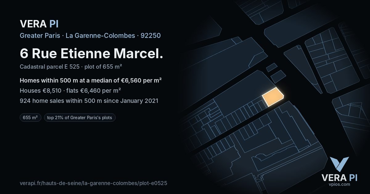 6 Rue Etienne Marcel, La Garenne-Colombes at night – the plot lit, the parcels around coloured by the prices near them