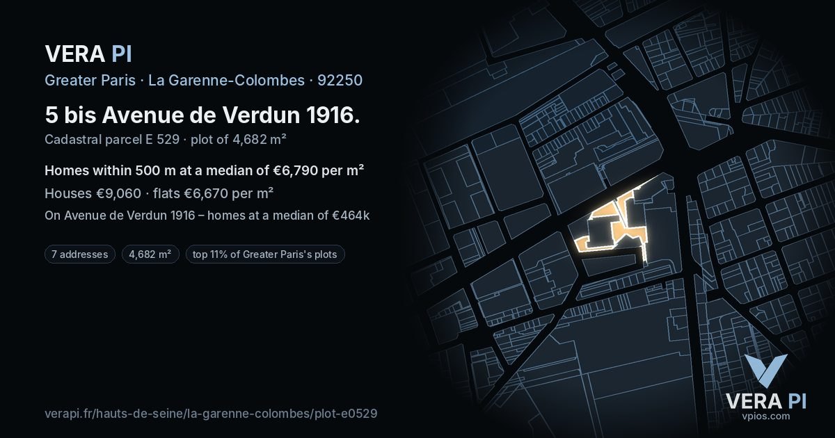 5 bis Avenue de Verdun 1916, La Garenne-Colombes at night – the plot lit, the parcels around coloured by the prices near them