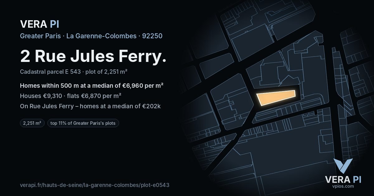 2 Rue Jules Ferry, La Garenne-Colombes at night – the plot lit, the parcels around coloured by the prices near them