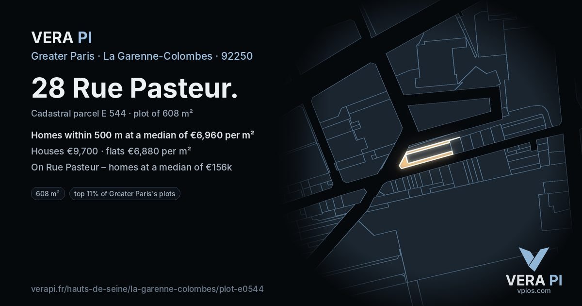 28 Rue Pasteur, La Garenne-Colombes at night – the plot lit, the parcels around coloured by the prices near them