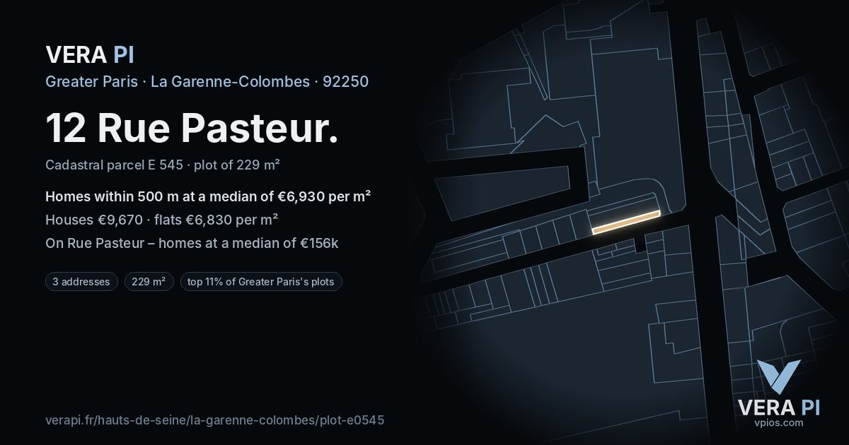 12 Rue Pasteur, La Garenne-Colombes at night – the plot lit, the parcels around coloured by the prices near them