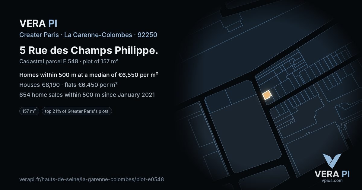 5 Rue des Champs Philippe, La Garenne-Colombes at night – the plot lit, the parcels around coloured by the prices near them