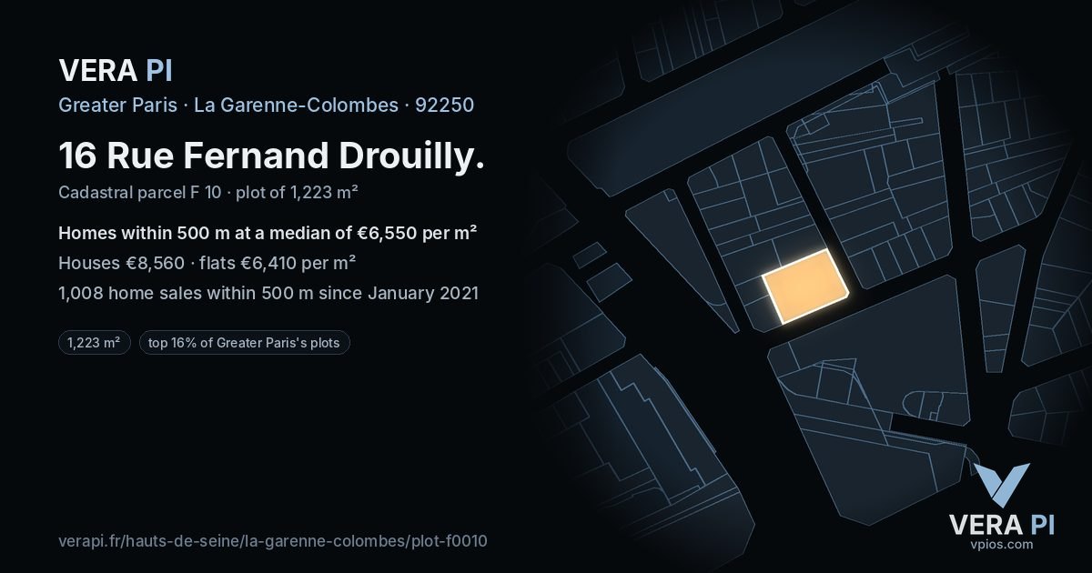 16 Rue Fernand Drouilly, La Garenne-Colombes at night – the plot lit, the parcels around coloured by the prices near them