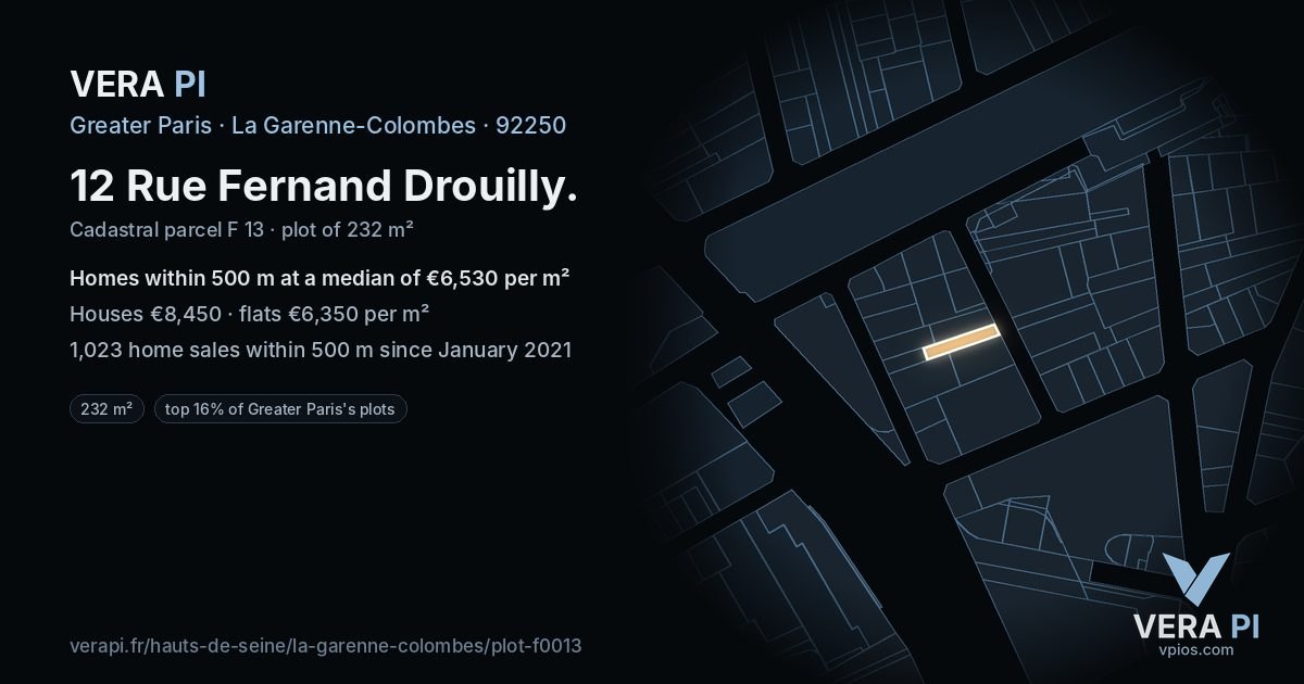 12 Rue Fernand Drouilly, La Garenne-Colombes at night – the plot lit, the parcels around coloured by the prices near them