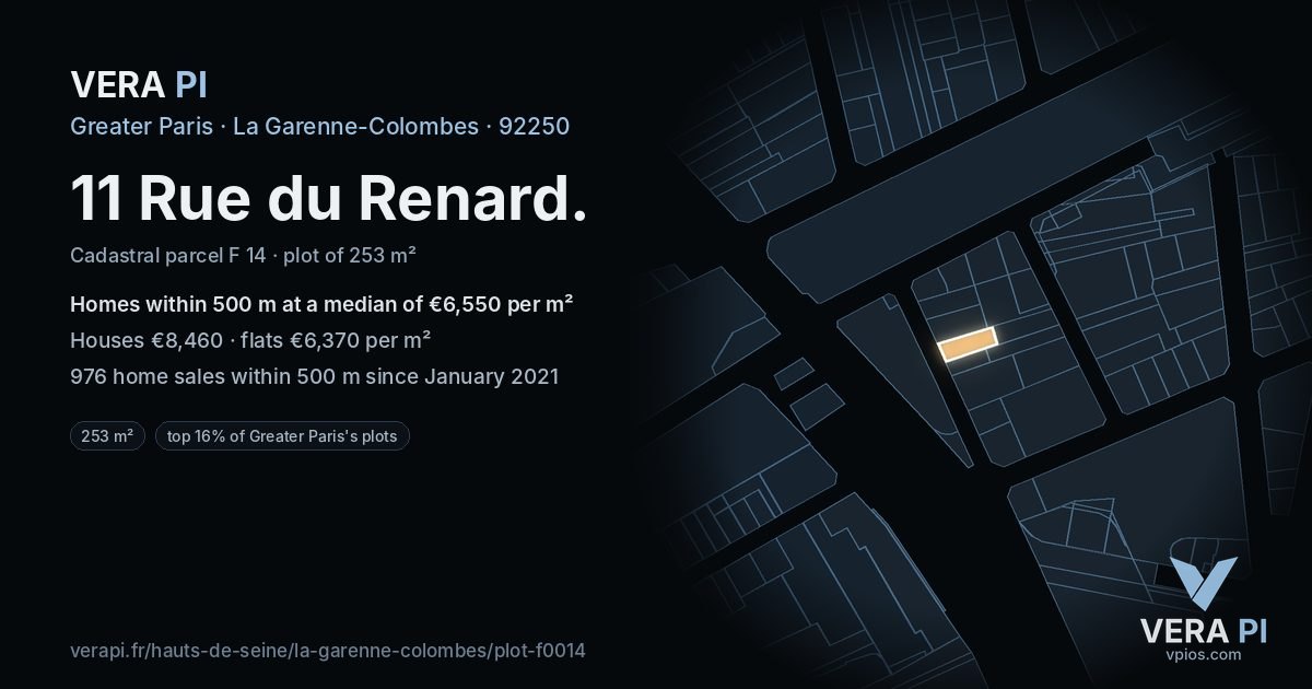 11 Rue du Renard, La Garenne-Colombes at night – the plot lit, the parcels around coloured by the prices near them