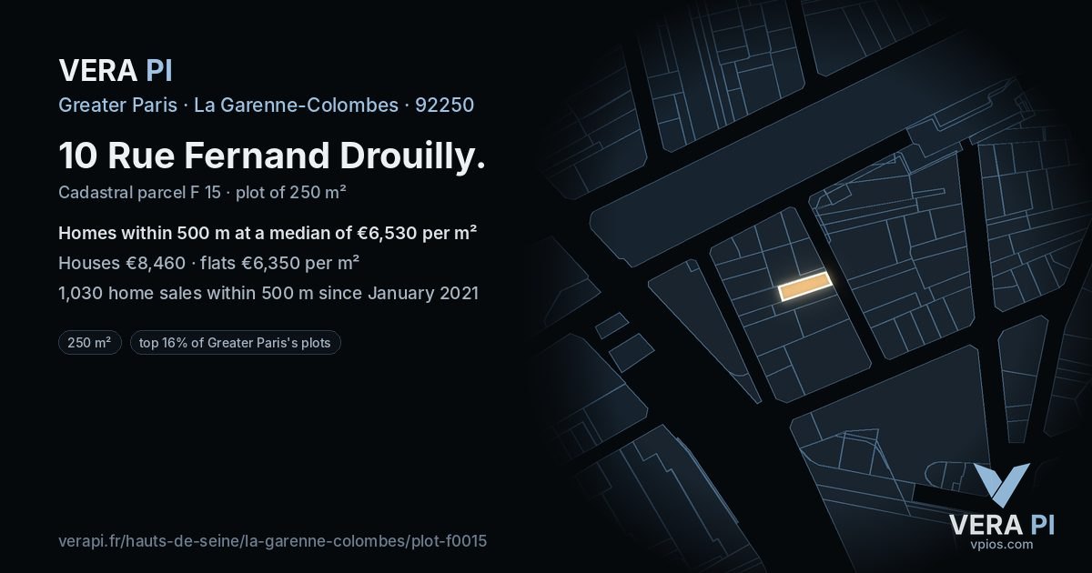 10 Rue Fernand Drouilly, La Garenne-Colombes at night – the plot lit, the parcels around coloured by the prices near them