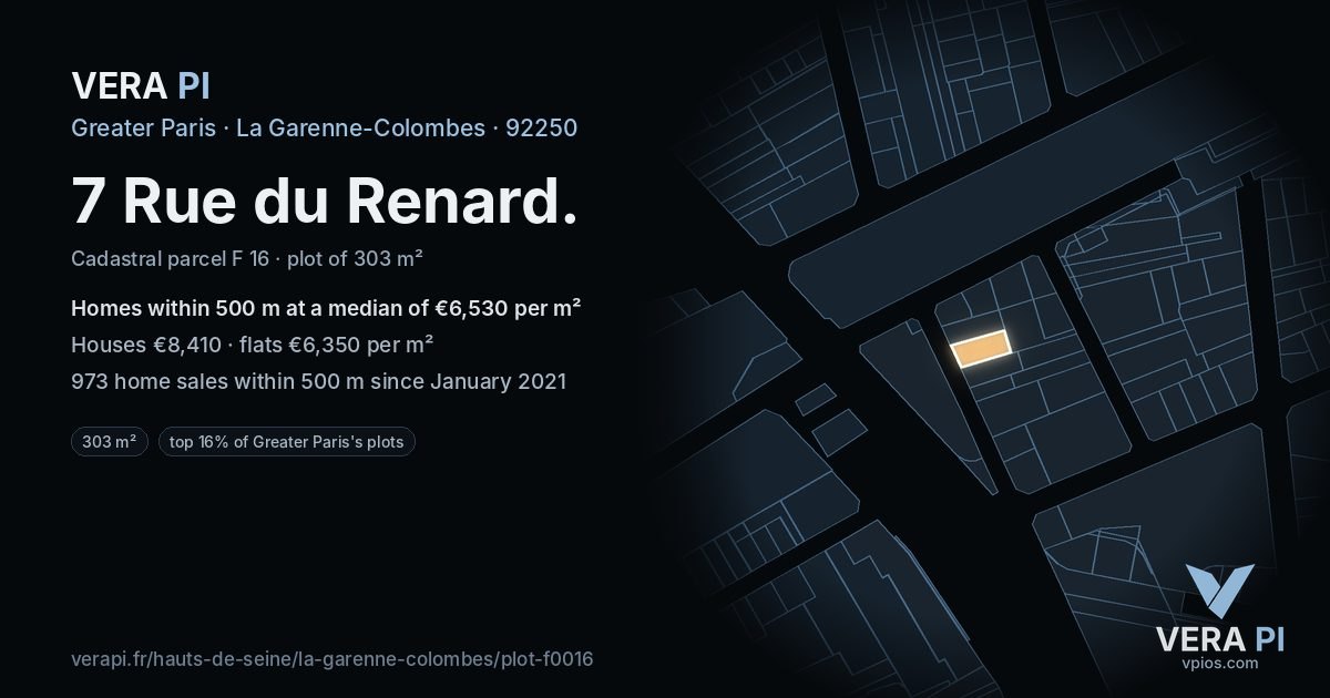 7 Rue du Renard, La Garenne-Colombes at night – the plot lit, the parcels around coloured by the prices near them