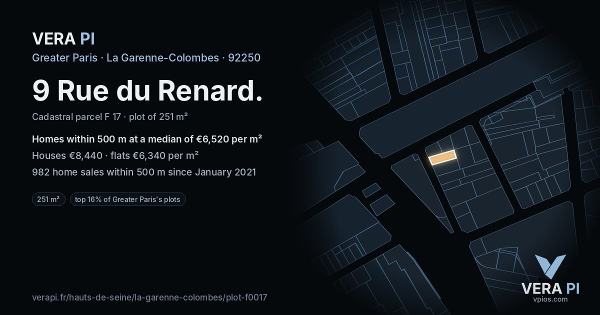9 Rue du Renard, La Garenne-Colombes at night – the plot lit, the parcels around coloured by the prices near them
