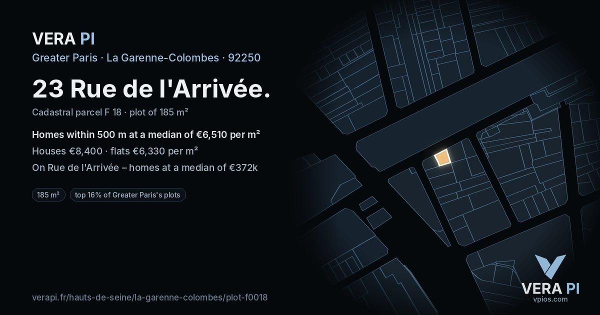 23 Rue de l'Arrivée, La Garenne-Colombes at night – the plot lit, the parcels around coloured by the prices near them