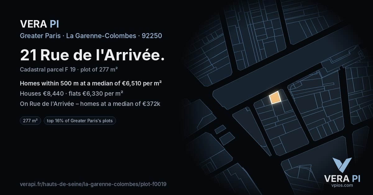21 Rue de l'Arrivée, La Garenne-Colombes at night – the plot lit, the parcels around coloured by the prices near them