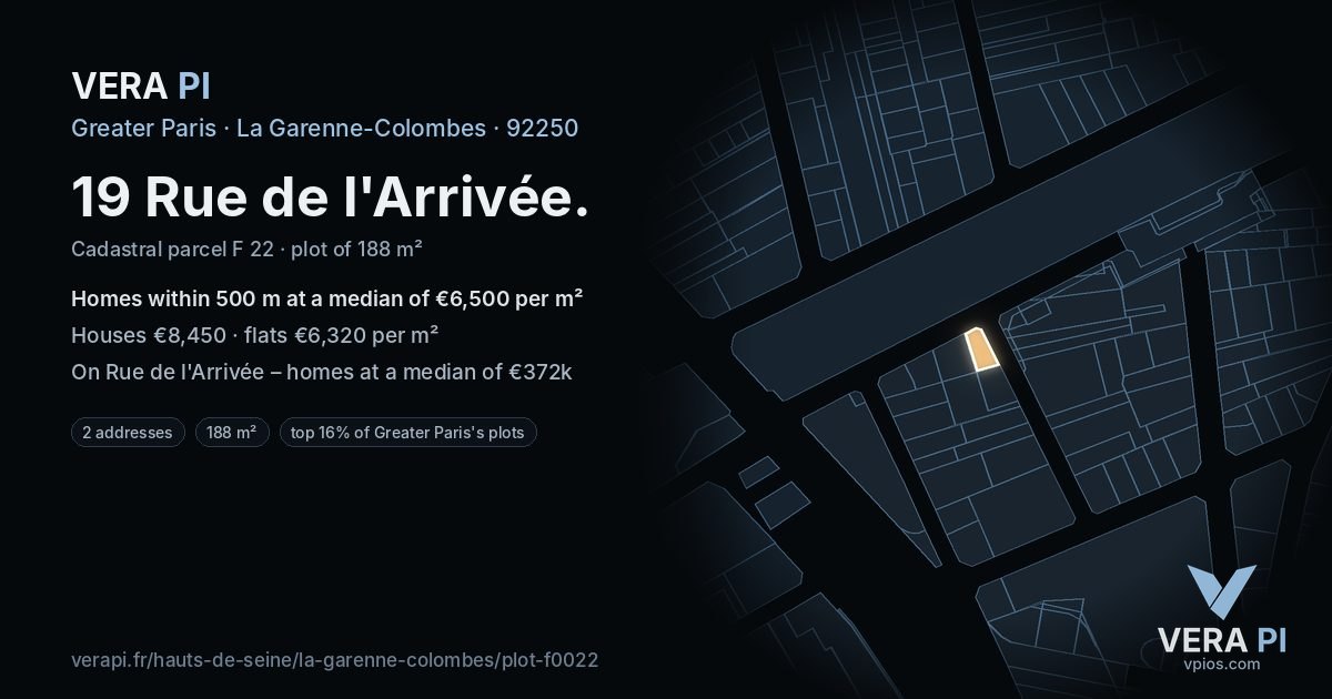 19 Rue de l'Arrivée, La Garenne-Colombes at night – the plot lit, the parcels around coloured by the prices near them