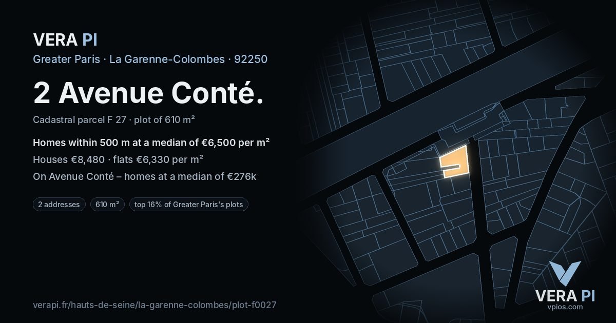 2 Avenue Conté, La Garenne-Colombes at night – the plot lit, the parcels around coloured by the prices near them