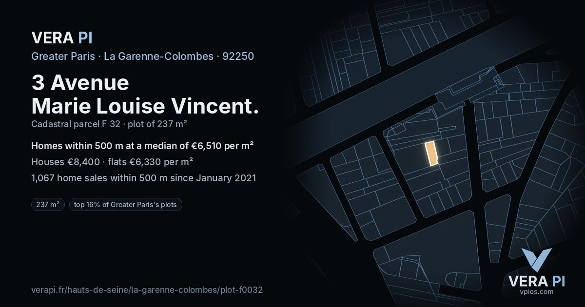 3 Avenue Marie Louise Vincent, La Garenne-Colombes at night – the plot lit, the parcels around coloured by the prices near them