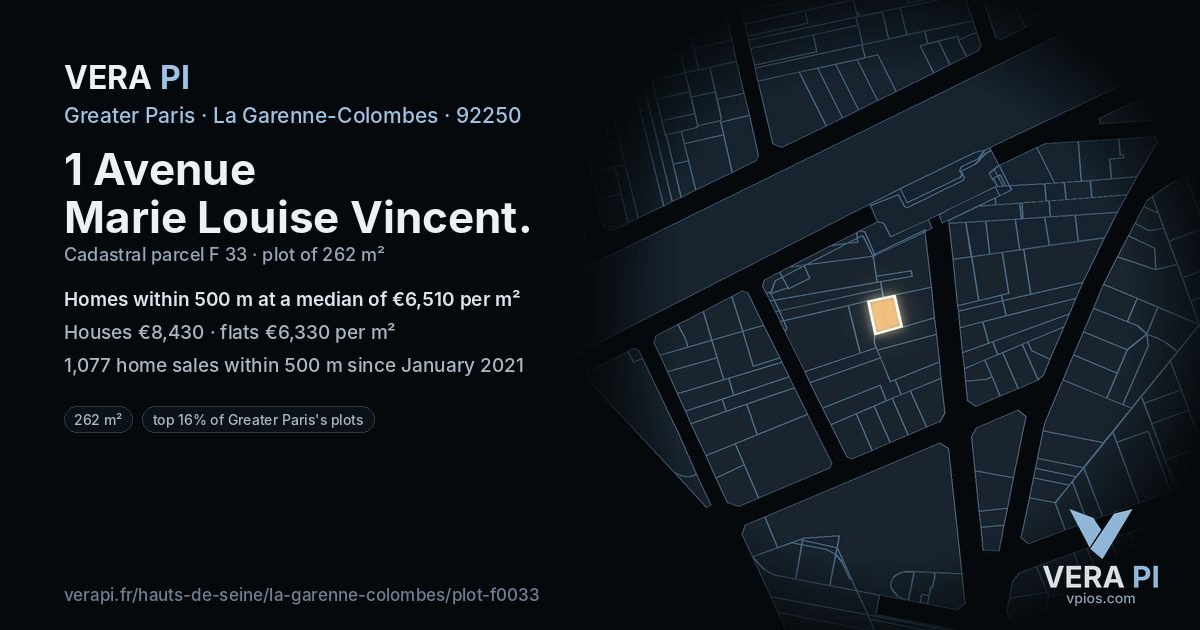 1 Avenue Marie Louise Vincent, La Garenne-Colombes at night – the plot lit, the parcels around coloured by the prices near them