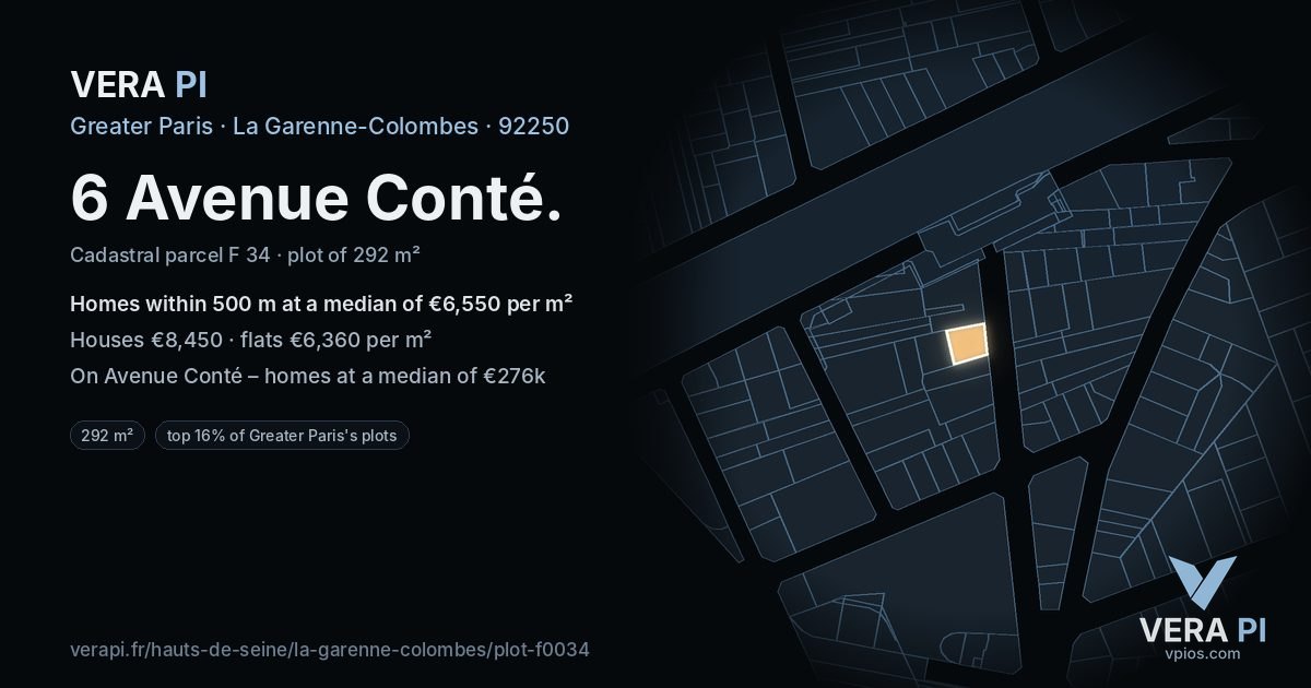 6 Avenue Conté, La Garenne-Colombes at night – the plot lit, the parcels around coloured by the prices near them