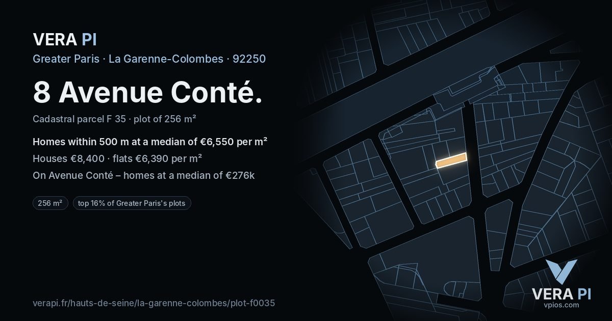 8 Avenue Conté, La Garenne-Colombes at night – the plot lit, the parcels around coloured by the prices near them