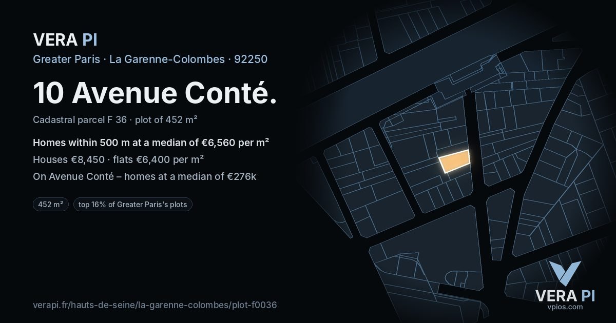 10 Avenue Conté, La Garenne-Colombes at night – the plot lit, the parcels around coloured by the prices near them